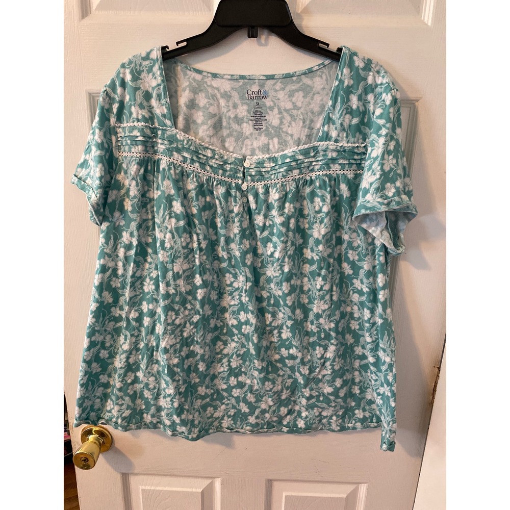 Croft & Barrow Womens 3X Teal Floral Cotton Sleep Top Lace Trim Pajama Shirt